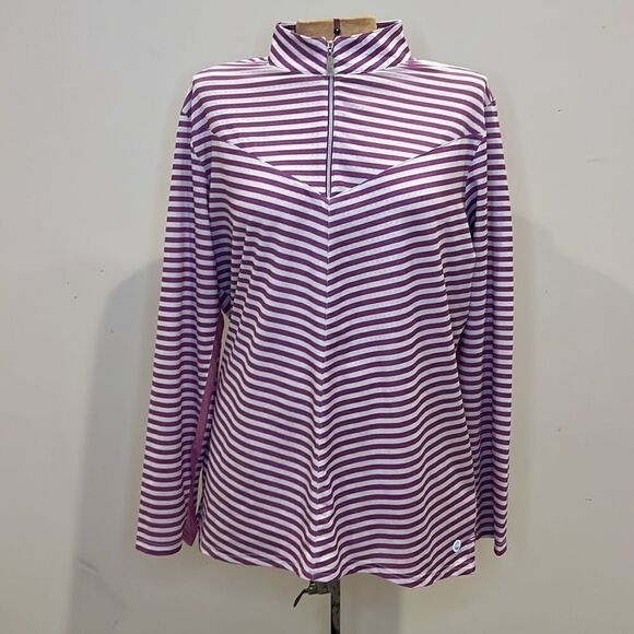 Bette & Court Purple and White Stripe 3/4 Zip Pullover - Size Large - Picture 1 of 13